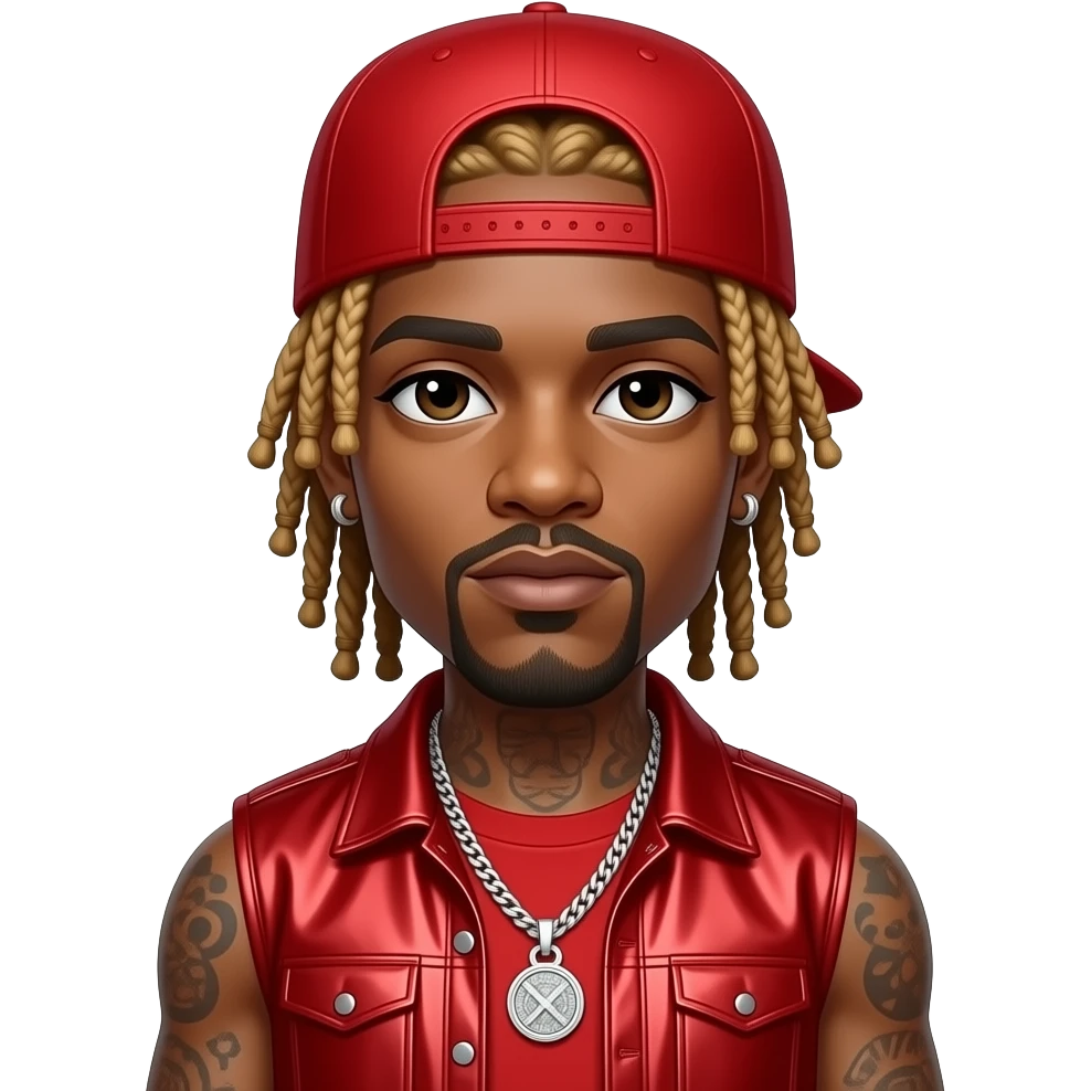 Lil Wayne with dark brown eyes, long blonde dreads, red cap, red metallic hip-hop sleeveless shirt, red metallic hip-hop baggy pants, necklace and earrings emoji