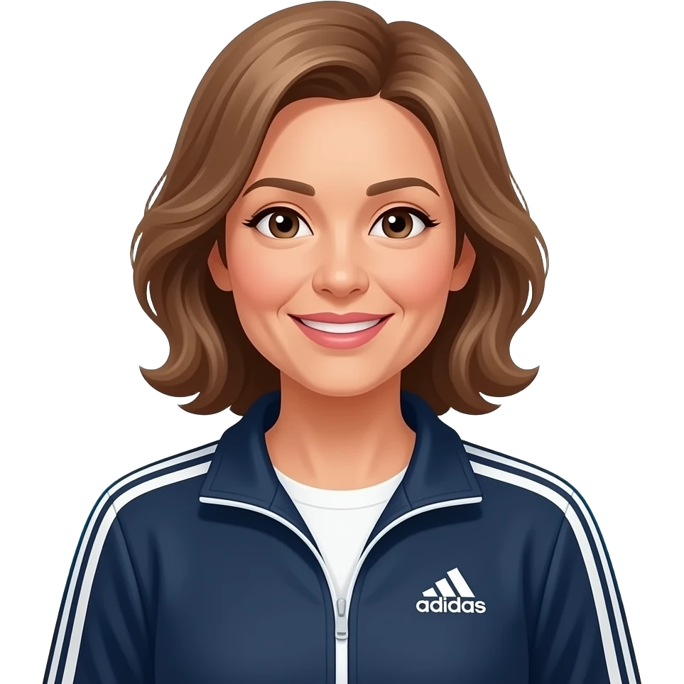 Light brown hair, middle aged women, wearing an adidas track suit, mid length hair on the tropical beach emoji