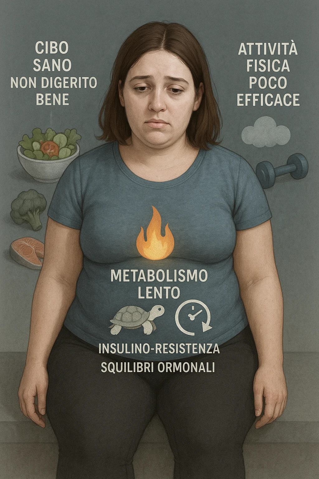 Donna tra i 25 e i 35 anni con fisico leggermente gonfio e postura affaticata, seduta con sguardo stanco. In trasparenza sul suo corpo, si vedono elementi simbolici: una fiamma metabolica molto piccola nel centro dell’addome, una tartaruga accanto a un simbolo di orologio rallentato, indicatori visivi di insulino-resistenza e squilibri ormonali. Intorno a lei: cibo sano non digerito bene, attività fisica poco efficace. Colori spenti attorno al corpo, con toni freddi e lentezza visiva. Stile realistico con elementi infografici e simbolici integrati IN ITALIANO emoji