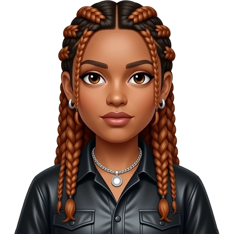 Da Brat, Female Rapper with long copper braided hair, black metallic shirt, silver necklace and earrings emoji