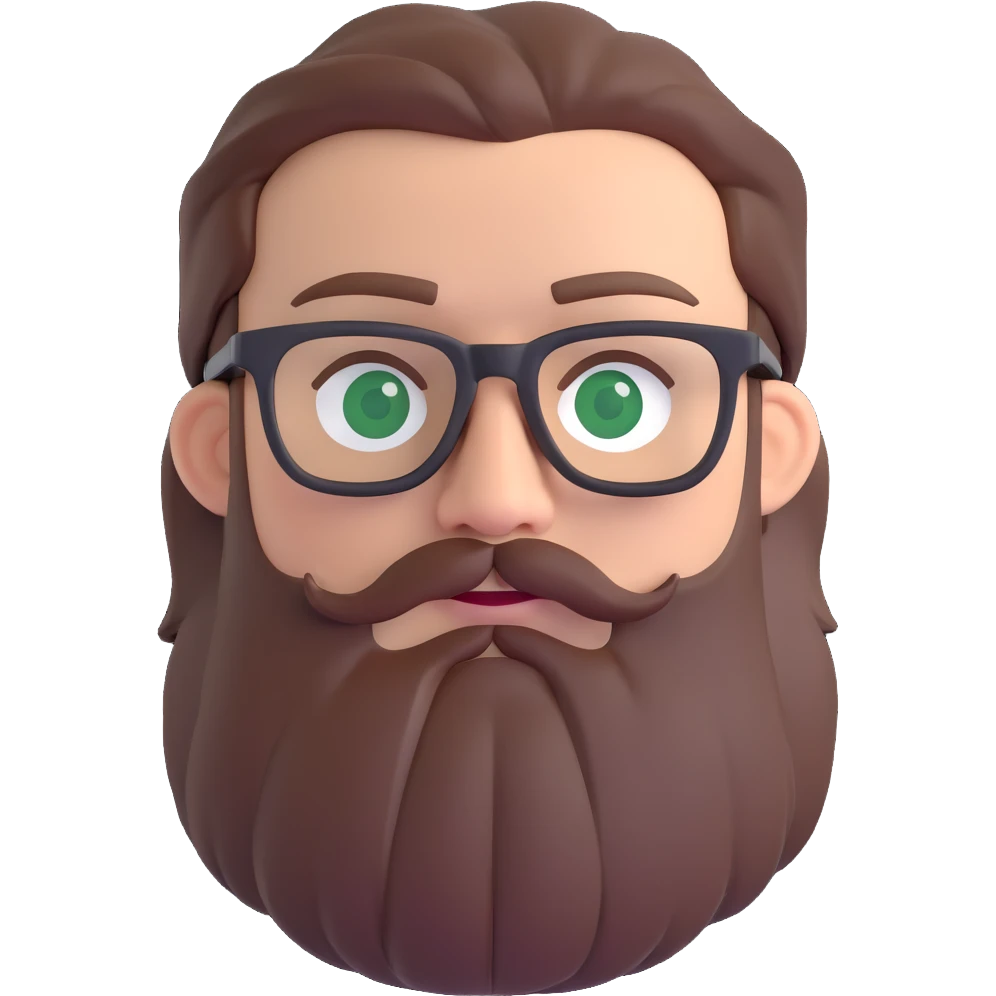 white male mid 30s green eyes black square glasses long brown beard with medium length brown hair emoji