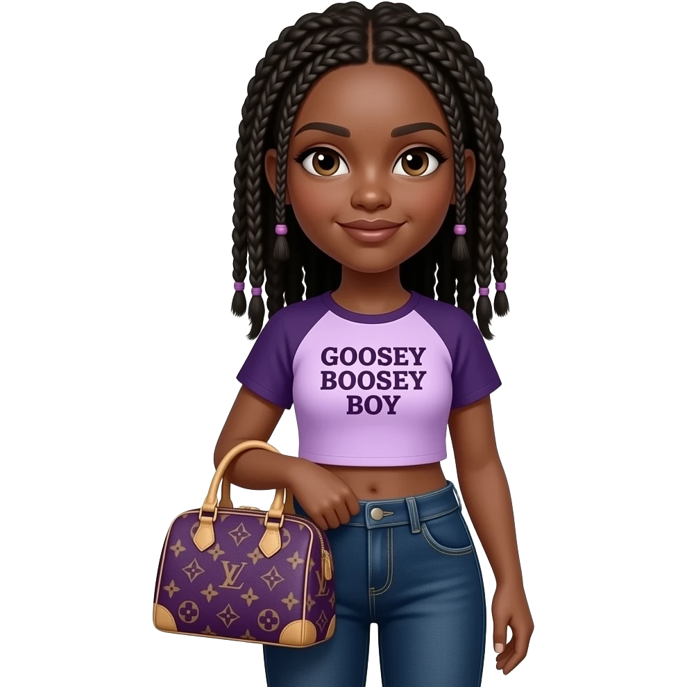Very, very hyper, realistic, black girl wearing cute dark washed jeans, holding a purple Louis Vuitton bag has very very realistic and small Boho braids and is wearing a cropped top shirt that says GOOSEY BOOSEY BOY emoji