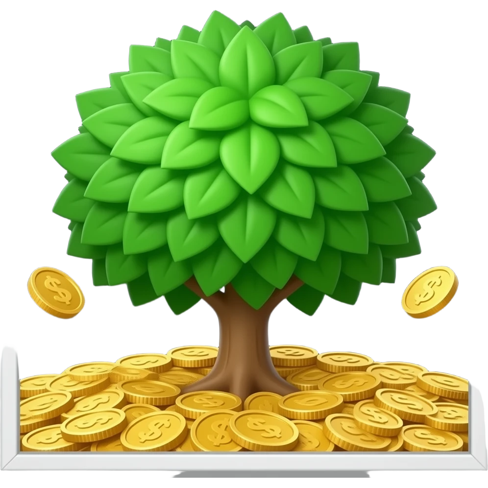 iPhone style tree emoji, glossy green leaves, much gold coins, dark background. emoji