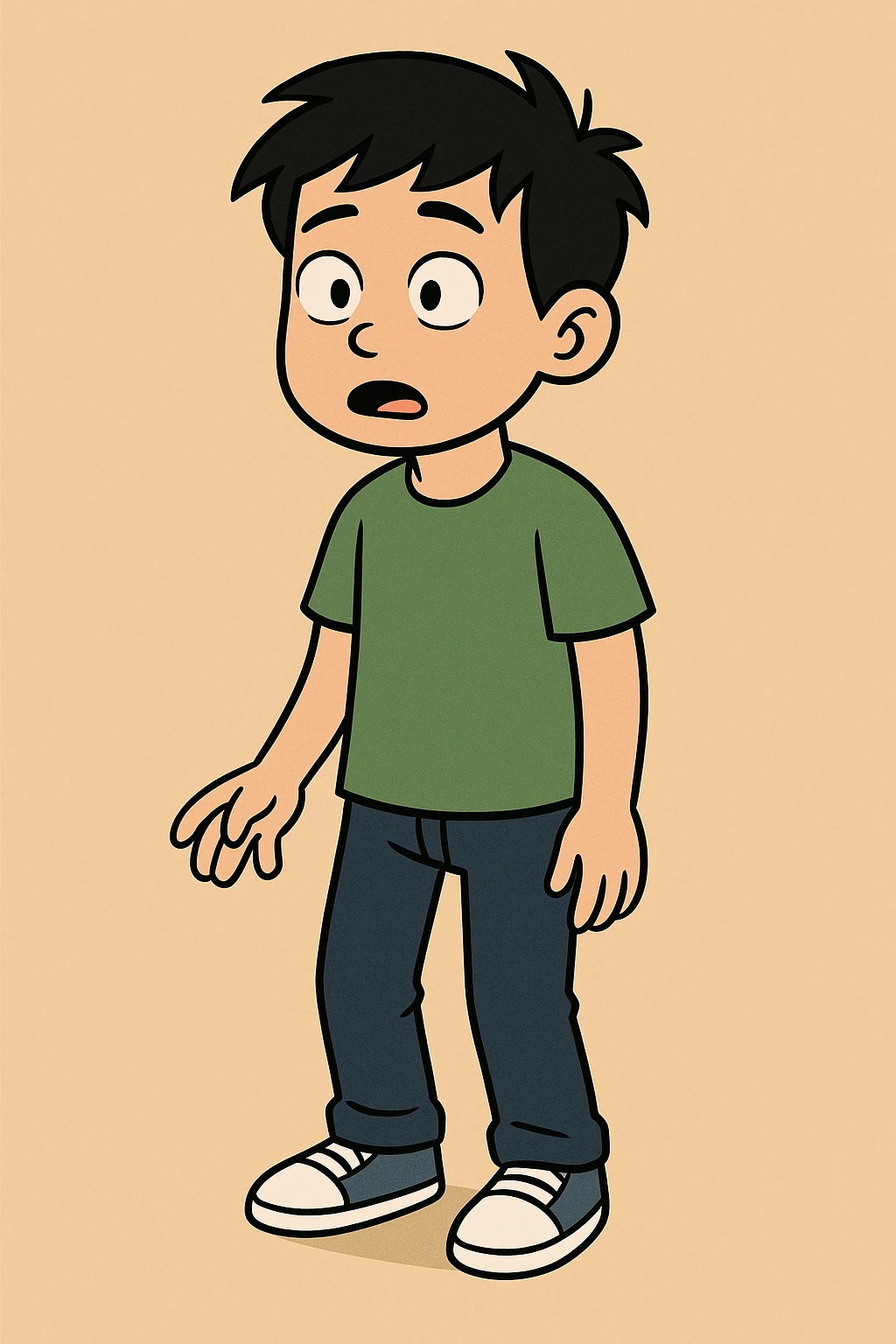 Chinese boy black hair green t-shirts dark blue jeans white shoes  emoji