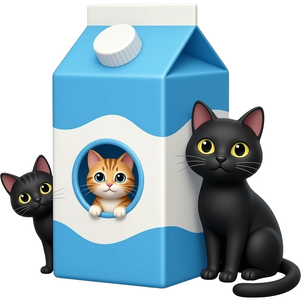 milk carton with blue and white color and with a small circle cutout where you can see a small tabby cat inside on the right side there is a largel black cat, on the roghr side there is a black cat looking emoji