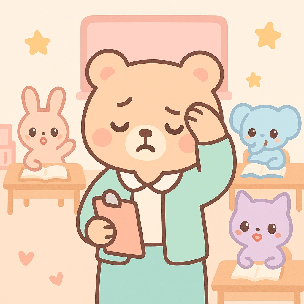 exhausted teacher in a bustling classroom emoji