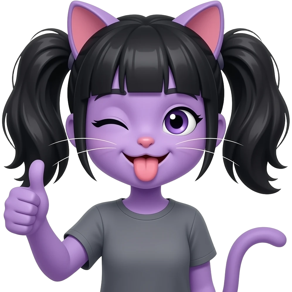 A purple cat girl with 2 ponytail locs black haired holding a thumbs up her tongue sticking out and one of her eyes closed doing this expression 😜👍🏾 emoji