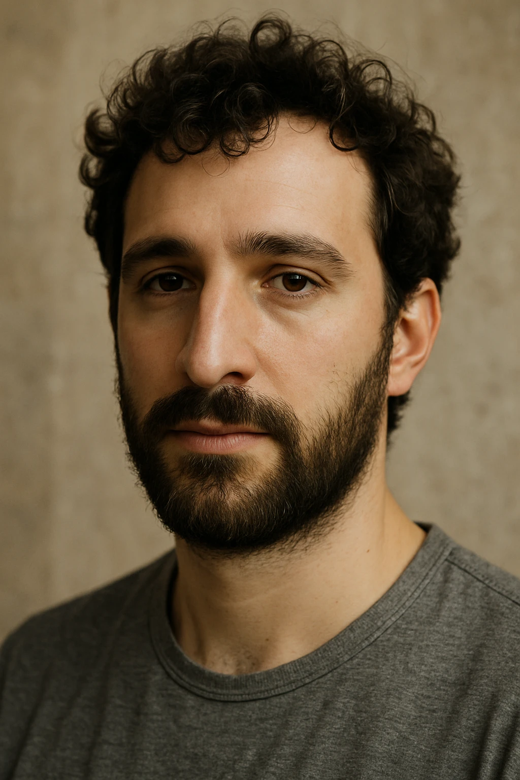 portrait of an attractive white man with curly dark brown hair, beard, slightly large nose emoji