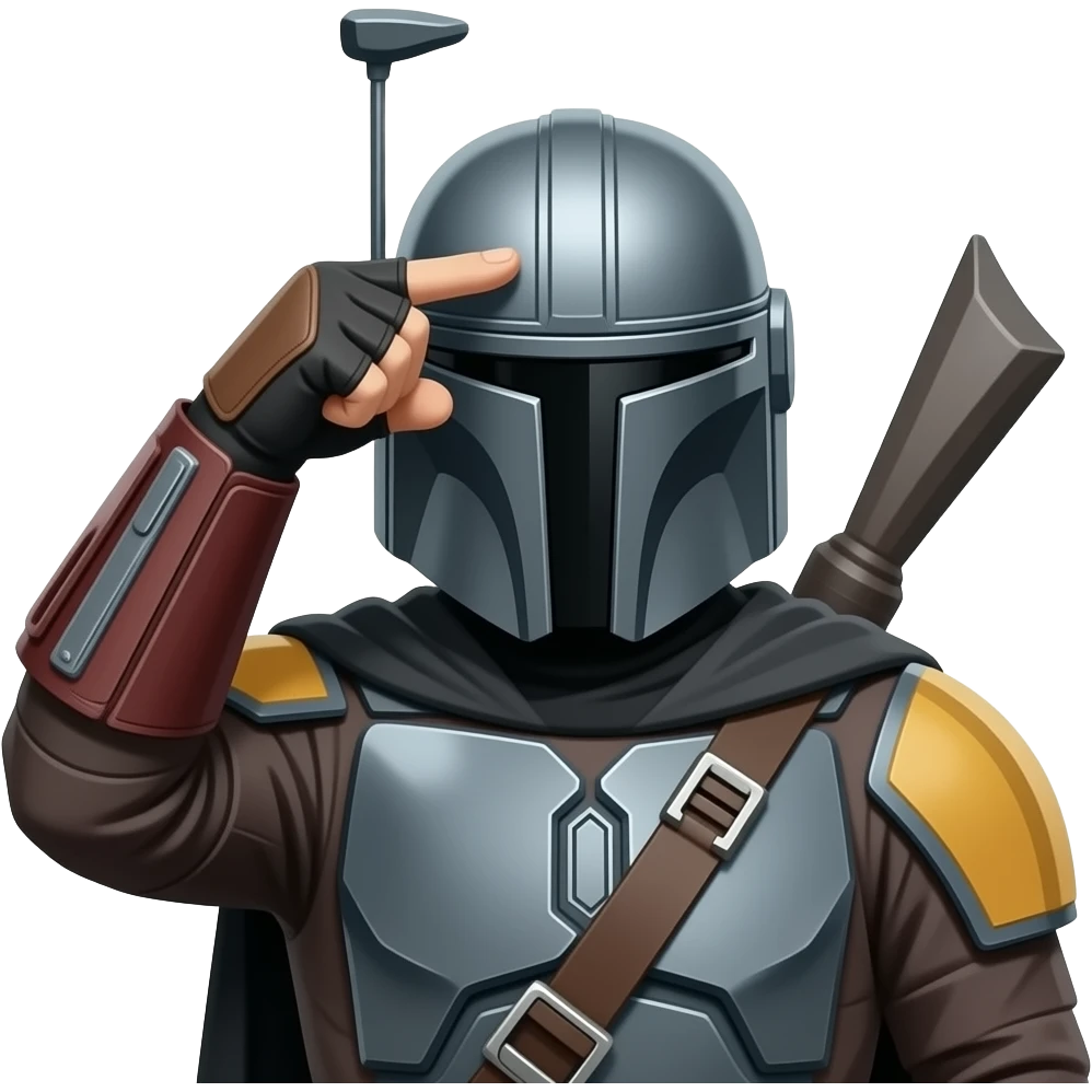 mandalorian Covers face with hand, embarrassed,    Use classic mandalorian from last images, put a fingerless glove on the hand, PUT THE HAND OVER THE FOREHEAD - Keep everything the same but reverse the thumb position, the thumb is backwards.   FIX THE RIGHT HAND to be correct. emoji