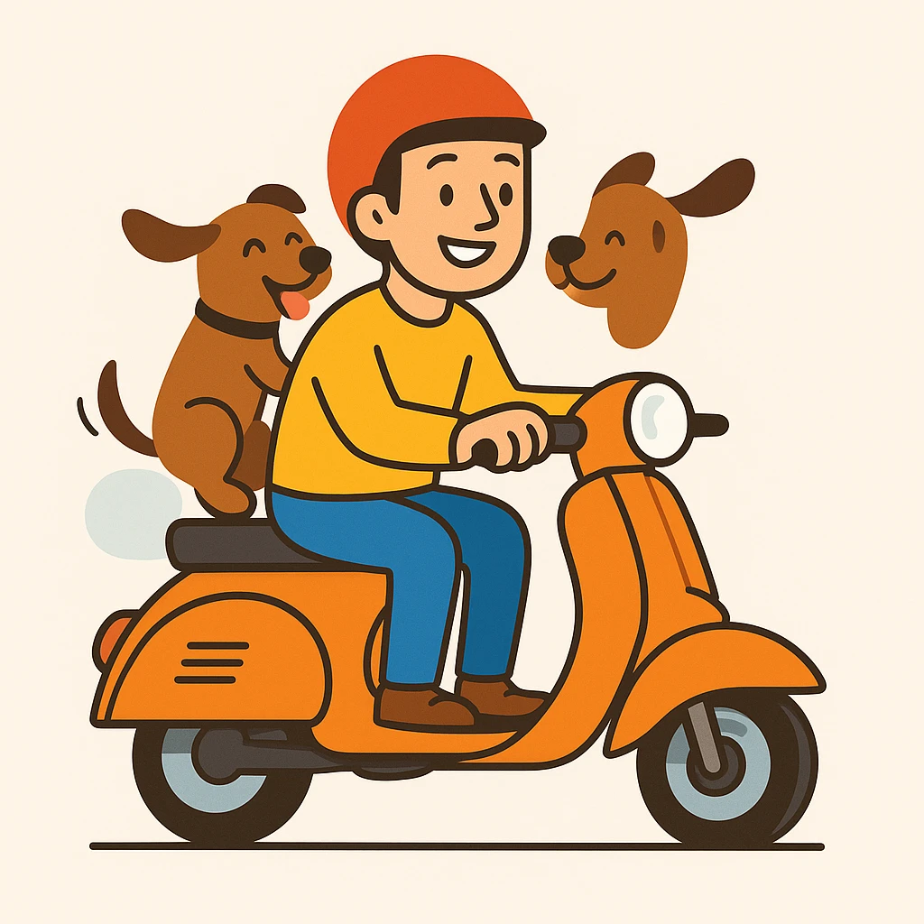 vector art of a man and his pet dog riding a vespa, for website design  emoji
