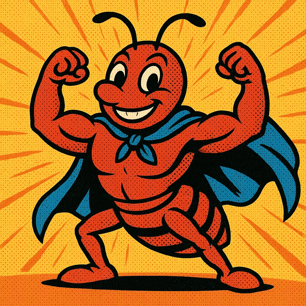 A picture of a cartoon any wearing a superhero cape and flexing its muscles emoji