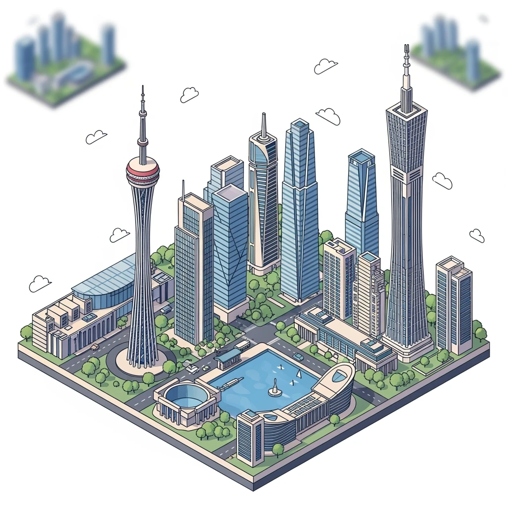 Isometric minimalistic illustration of mix Guangzhou, Shenzhen and Dongguan subtle 3D miniature effect and Tilt Shift effect, no cartoonish look, transparent background. emoji