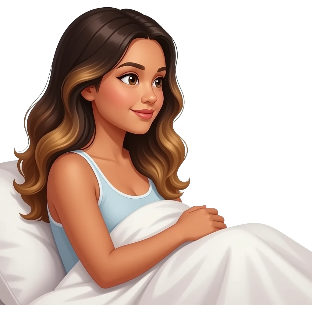 Beautiful Filipino woman beautiful eyes with long wavy hair balayage watching tv in bed under sheets holding blanket side view feeling in love emoji