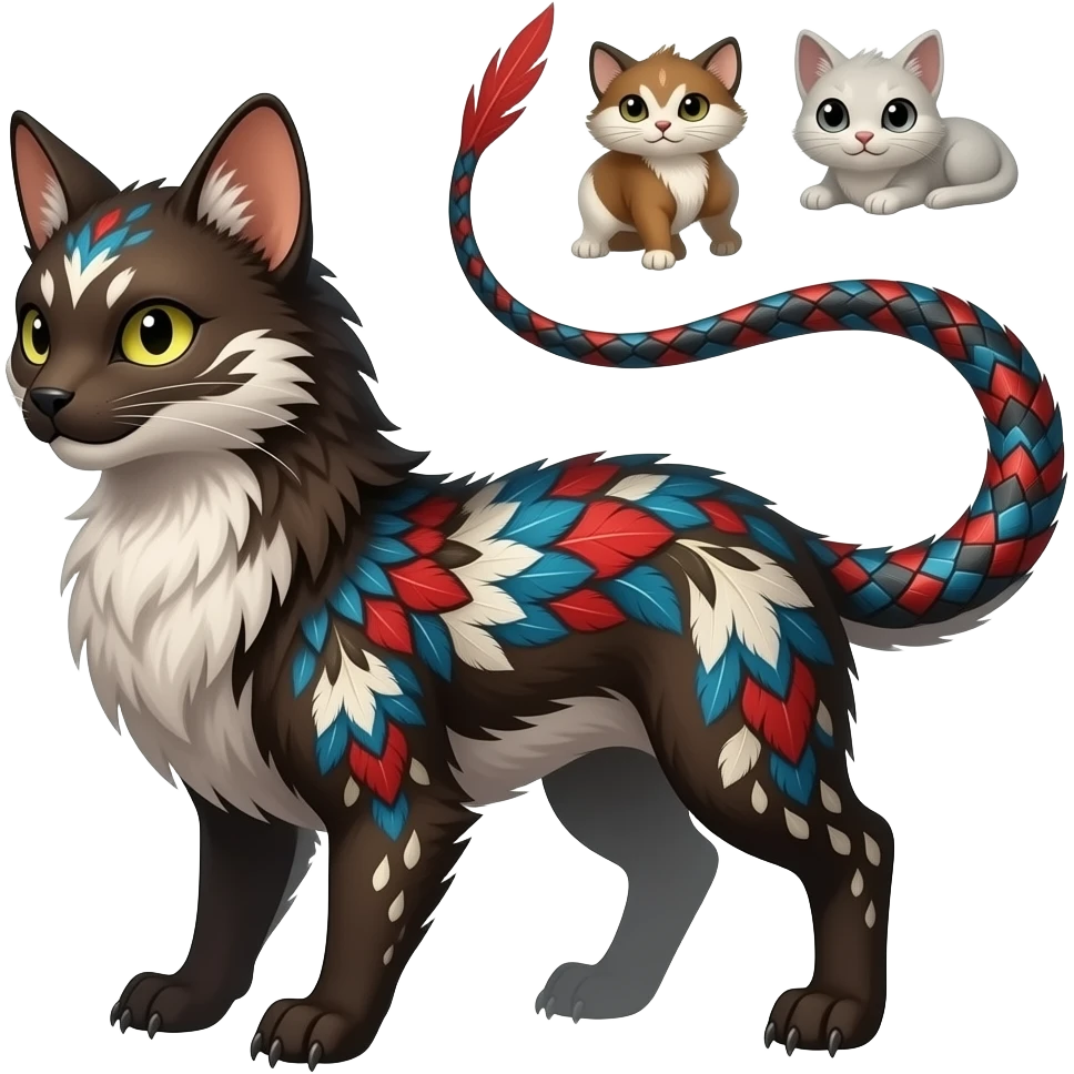 Floral-patterned majestic feathery elegant realistic stylish Furry, fluffy feathery tropical painted scaly, dark-brown, sanguine-red, blue, white, black, Minccino-Bambino-Lykoi-Linoone-Zangoose-fusion-hybrid-animal-Fakémon-creature, full body, thin long sleek scaly tail, intricate markings emoji