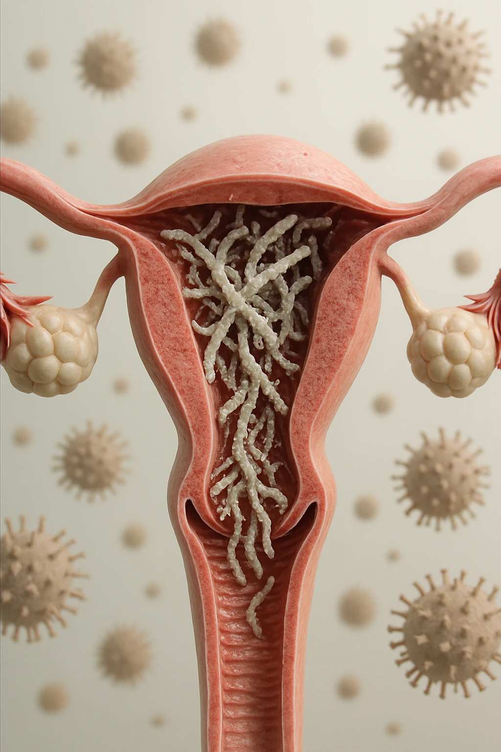 corpo umano anatomico con batteri come la candida nell'utero, sfondo neutro chiaro, iperrealistico 4k emoji