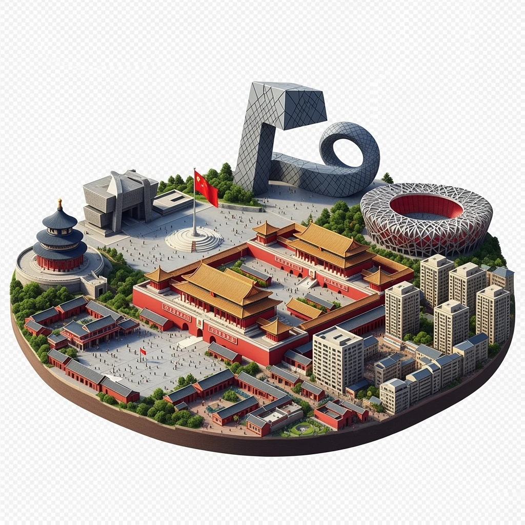 Isometric miniature of Beijing Forbidden City, Tiananmen Square, CCTV Headquarters, Temple of Heaven, Beijing National Stadium and crowded hutong alleys, sprawling apartment blocks, 3D miniature effect and Tilt Shift effect, no cartoonish look, transparent background. emoji