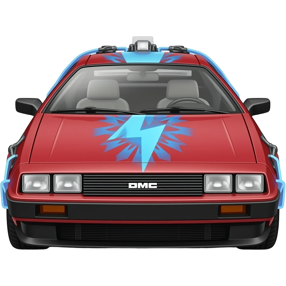 A DeLorean car with lightning bolts emoji