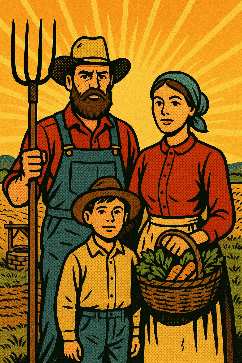 A homestead farming family from the 1860s standing in front of their sod house on the Great Plains. The father is holding a pitch fork and the mother is carrying a basket of crops. The land in the background has crops which are struggling to grow with a small well emoji