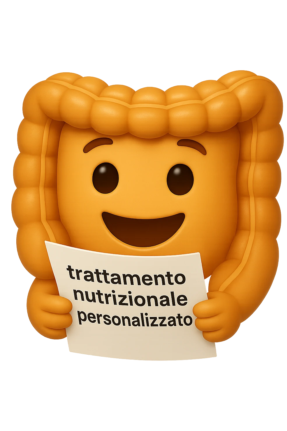 emoji stile iphone di un intestino felice che legge un foglio con la scritta "trattamento nutrizionale personalizzato", non fargli il naso, iperrealistico 4k emoji