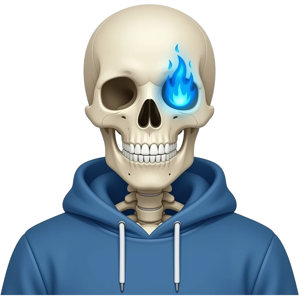 sans the skeleton with blue jacket it looks like a sweatshirt and glowing blue fire in the midlle of his right eye emoji
