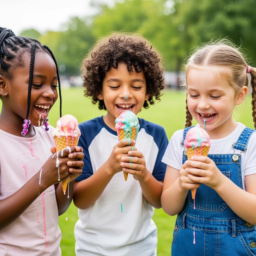 happy children with melting ice cream cones emoji