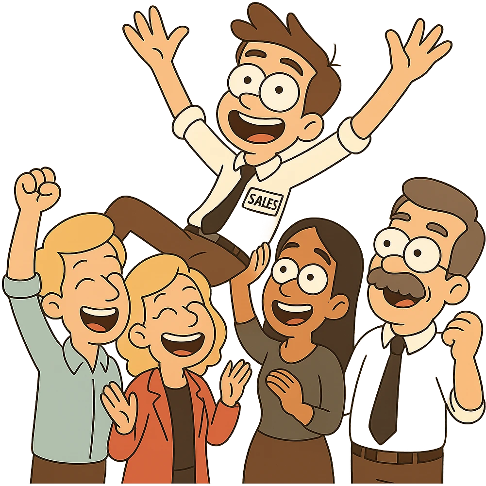 Remove the background from the image. Add a visible 'Sales' tag to the main guy being celebrated. Change the darker-skinned, bald guy on the bottom left to a blond, pale guy. Keep the cartoonish office celebration style consistent. emoji