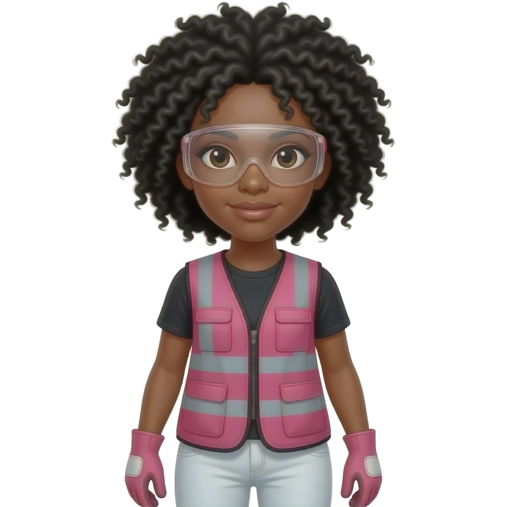 Light skin woman with black curly fro hairstyle wearing pink and clear safety glasses wearing a pink construction vest wearing white pans wearing pink construction vest wearing white pants wearing pink construction gloves emoji
