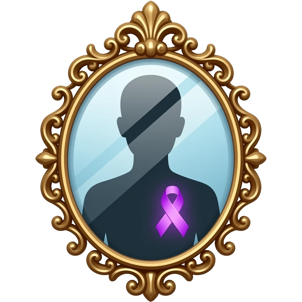 detailed and ornate mirror who reflecting a human silhouette with a glowing purple ribbon on the chest, symbolizing fibromyalgia awareness, soft gradients, subtle sparkle highlights, cute and minimal, transparent background emoji