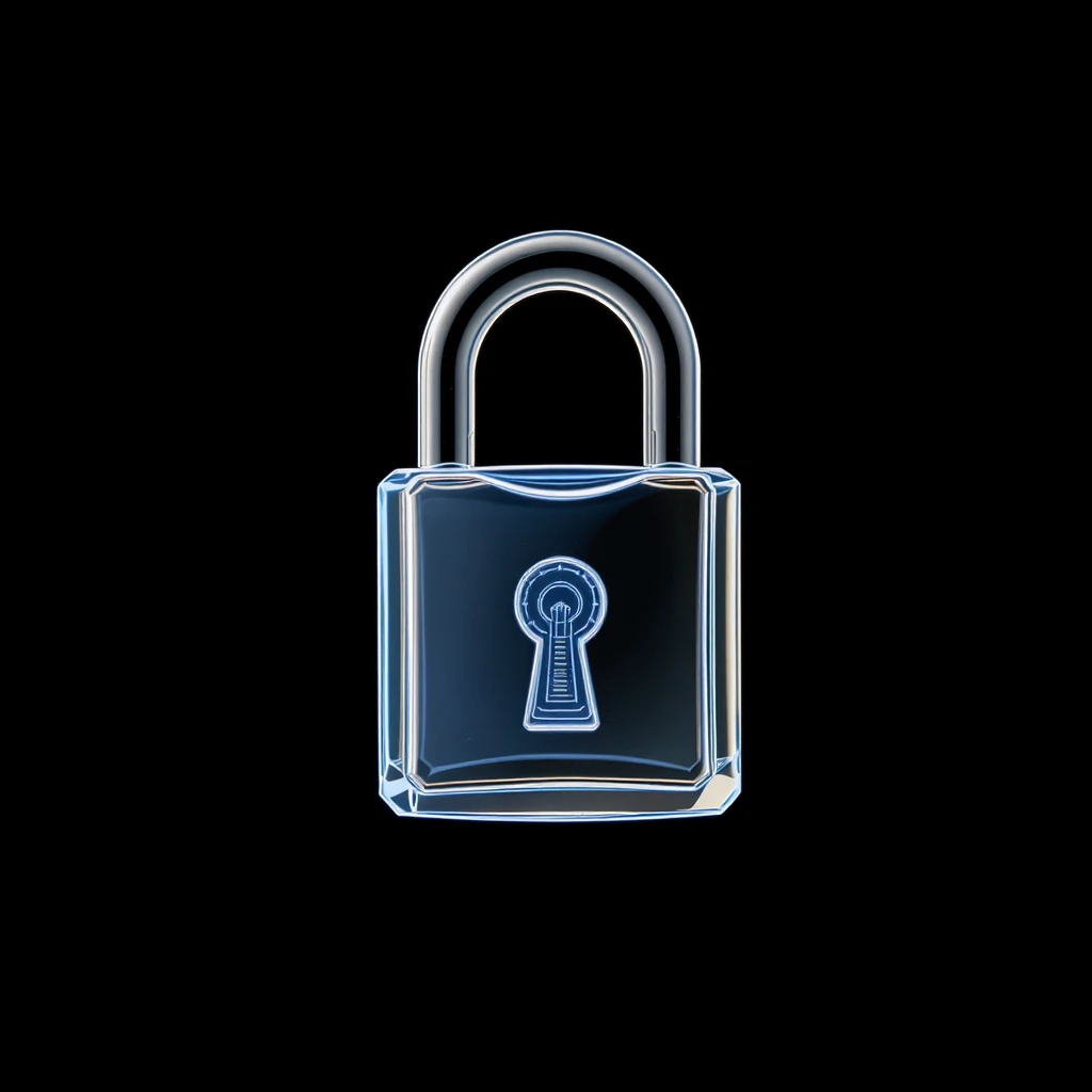 Photo of a 3d made of glass padlock, black void around symmetrical 3d render, rim light emoji