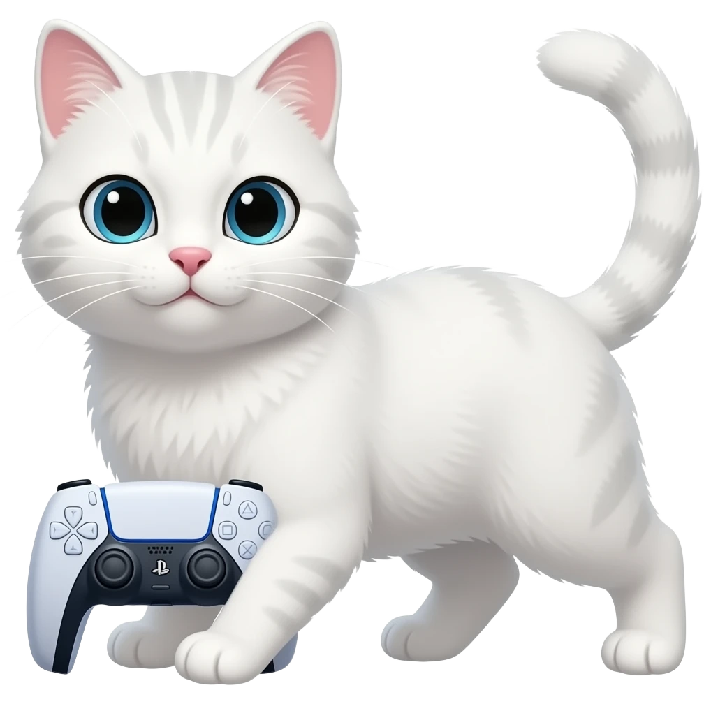 A white cat playing with ps5 emoji
