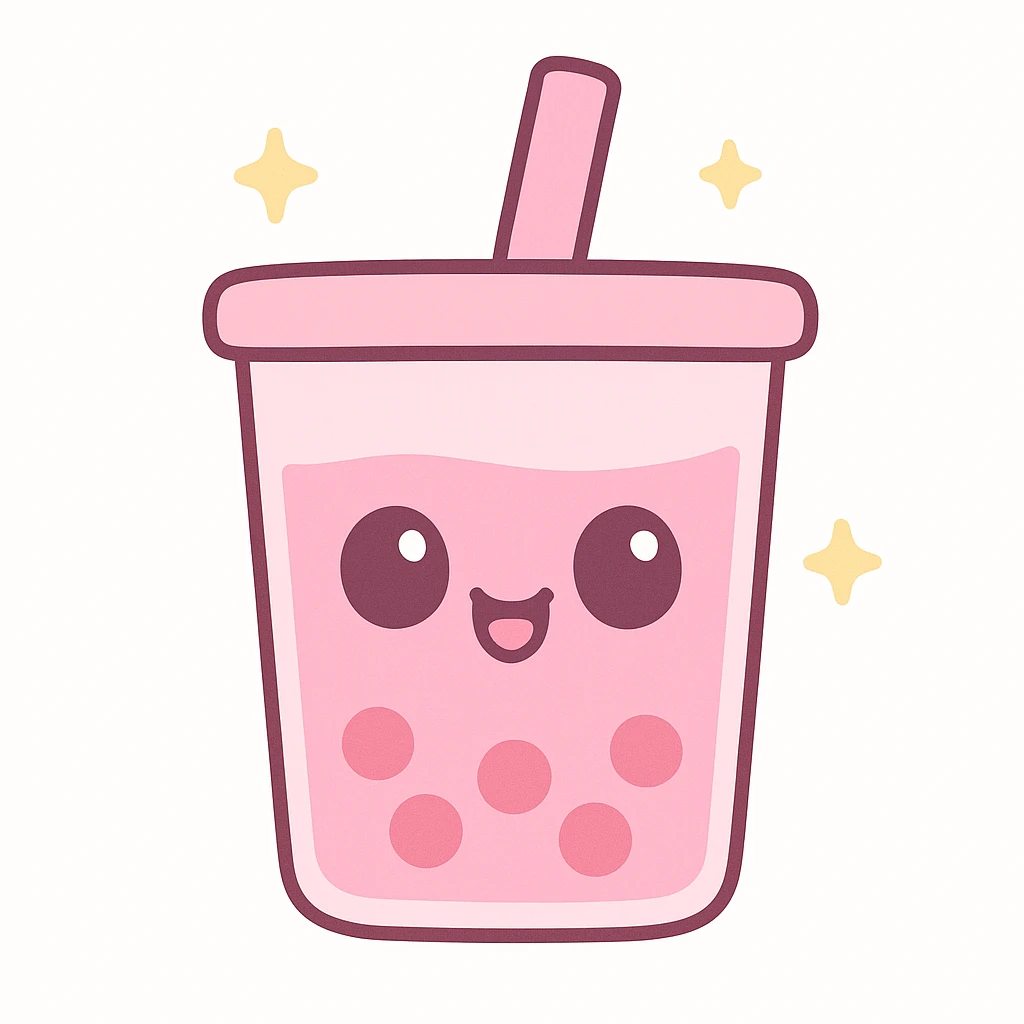 kawaii style pink bubble tea with a goofy face emoji