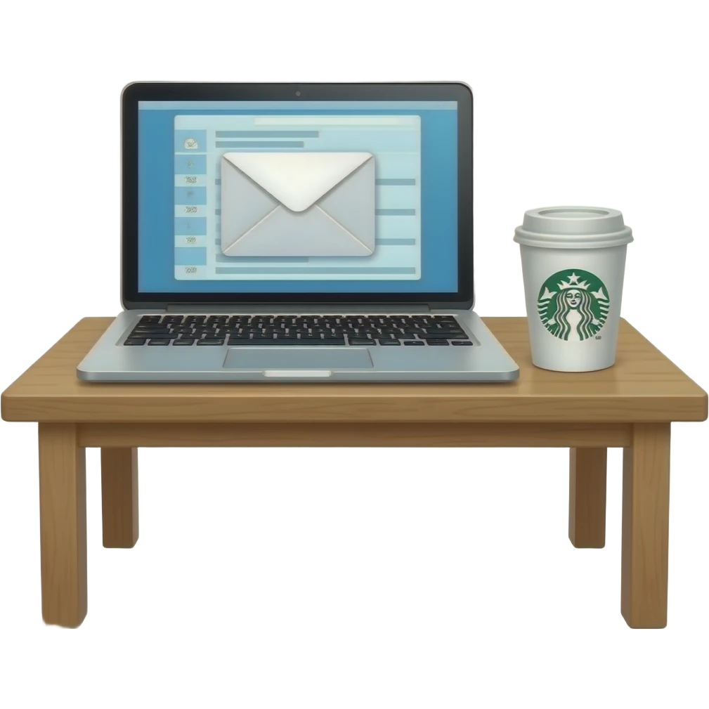 PLEASE CREATE OPEN LAPTOP WITH EMAILS ON THE SCREEN WITH STARBUCKS CUP ON TABLE NEXT TO LAPTOP emoji
