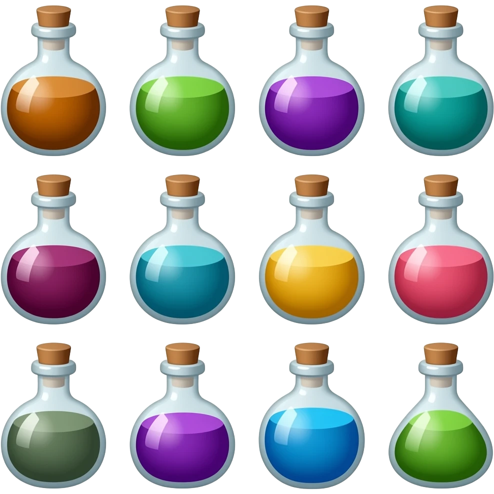 12 different potion bottle emojis with different shapes and colors emoji