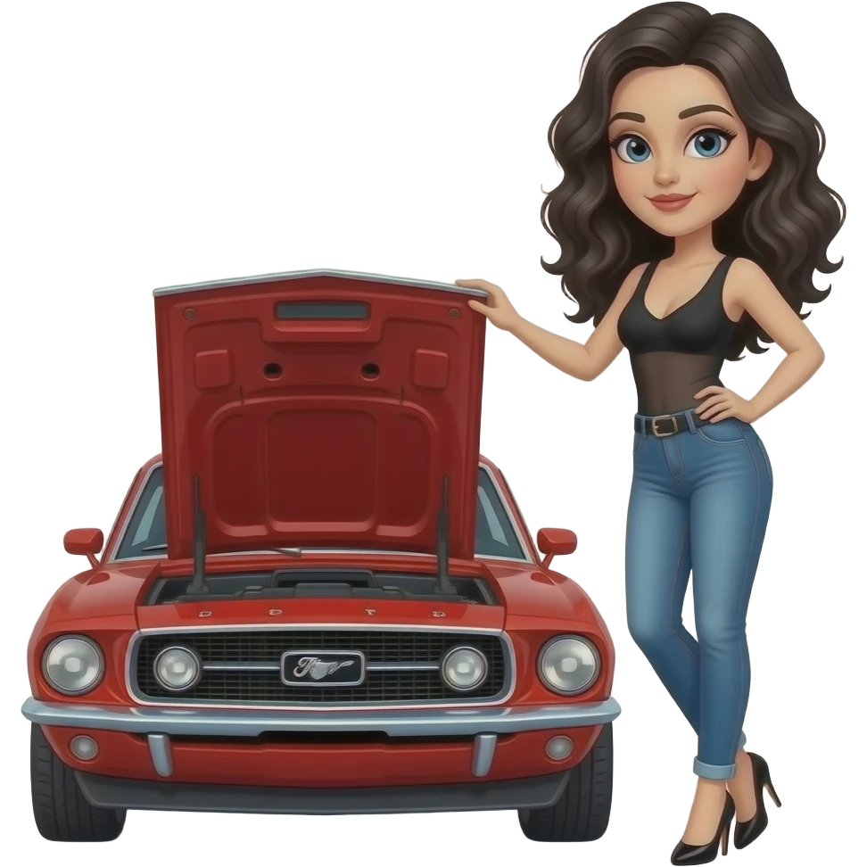 Pale girl with black wavy hair standing on the front left of a red Ford Mustang 1968 coupe. Girl wearing a sheer black sleeveless top with a medium neckline, jeans and heels with visible toes. Right hand on the hood and left hand on her waist and 3/4 profile position. emoji