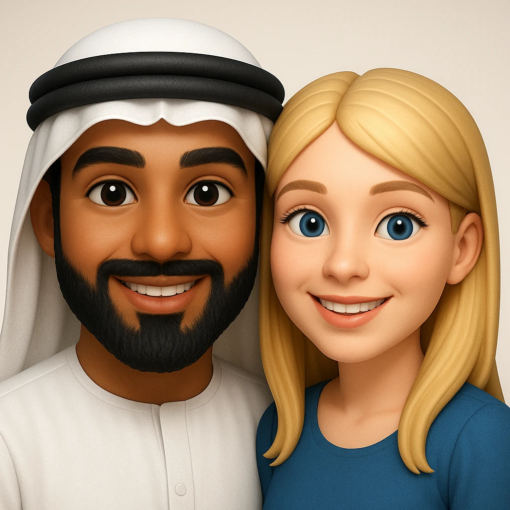 Сгенерируй мне в стиле детализированного емодзи пару, где мужчина с черной бородой и в арабском одеянии и чуть со смуглой кожей, а девушка чистая славянка, блондинка  emoji