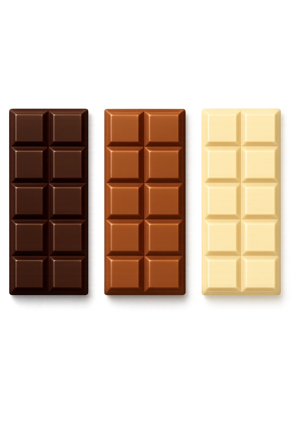 3 emoji stile iphone di BARRETTE DI CIOCCOLATO, UNA FONDENTE, UNA AL LATTE E UNA BIANCA, CON OMBRA REALISTICA, VISTE DALL'ALTO, IPERREALISTICO 4K emoji