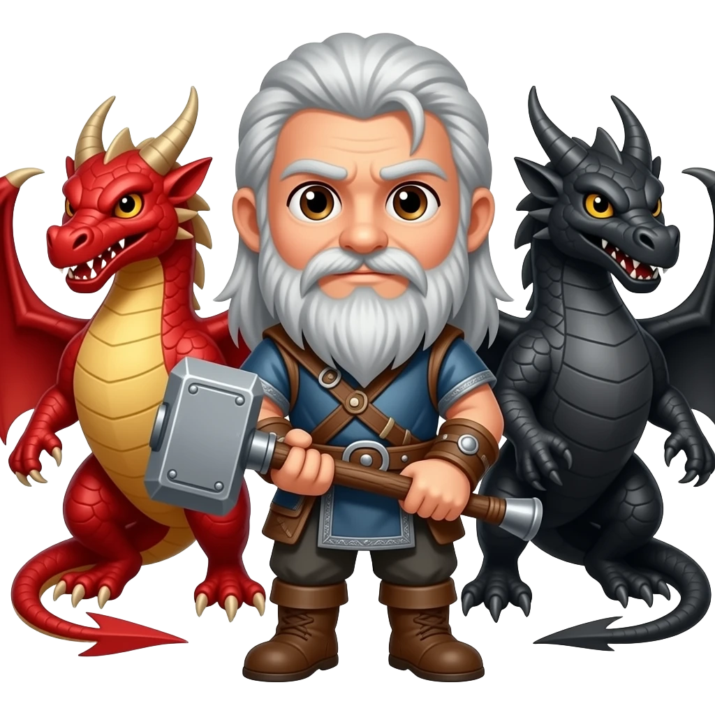 la même image mais les yeux brun et les cheveux et la barbe de couleur argenté. un viking aux cheveux long et une barbe moyenne argenté avec un marteau à deux main sur lequel repose ses deux mains. Ce viking est entre deux dragons, l'un est rouge et l'autre est noir . emoji