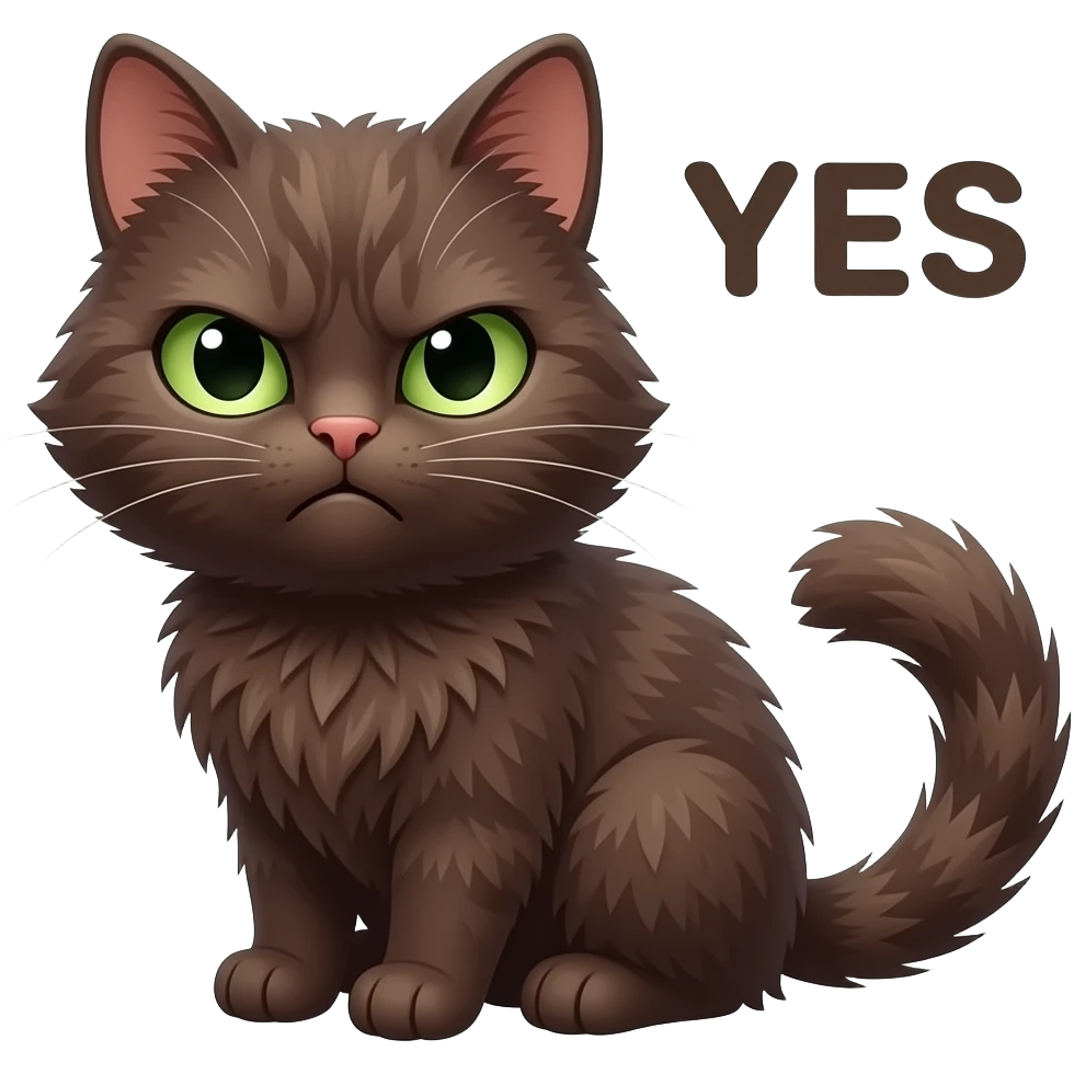 Cute grumpy dark brown scrunkly cat with green eyes saying “YES” emoji