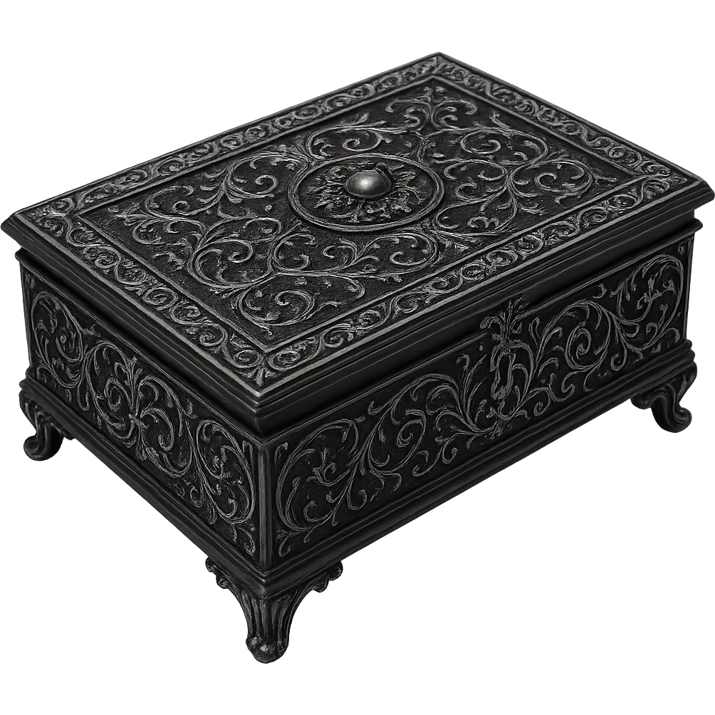 gothic jewelry box, black with silver filigree, no background emoji