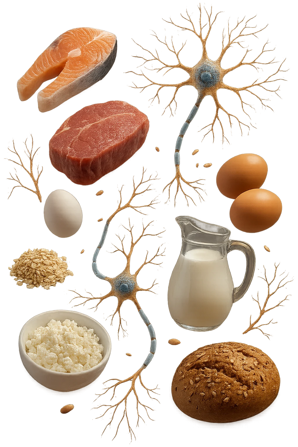 carne, pesce, uova, latticini, cereali integrali fluttuano in aria insieme a neuroni umani anatomici realistici, iperrealistici 4k emoji