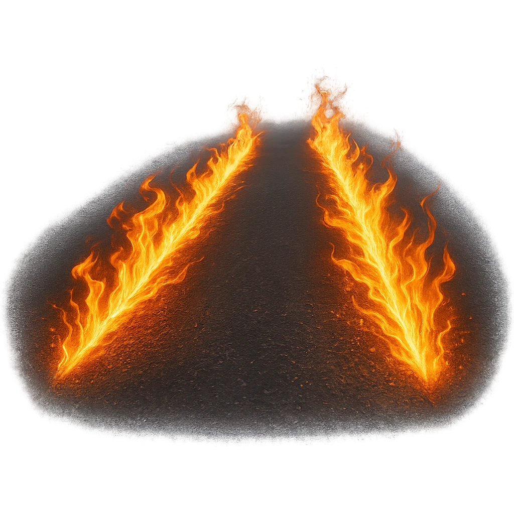 fiery tire marks on asphalt, glowing orange and yellow flames, Back to the Future style, no car, just the trails, dramatic, no background emoji