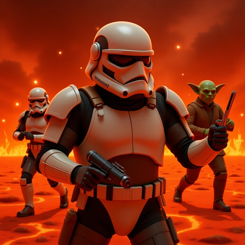 Camera POV, Starwars stormtroopers vlogging selfie, he is walking on lava planet with yoda emoji