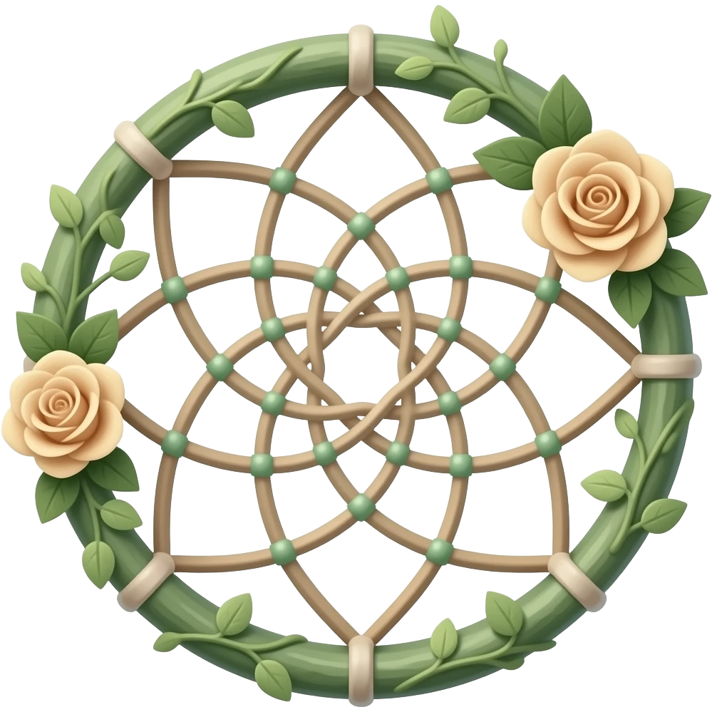 Pastel Green-white-brownish-beige-gradients dreamcatcher, pastel colors, whitish, light, green academia aesthetic, mossy, with green vines and beige roses emoji