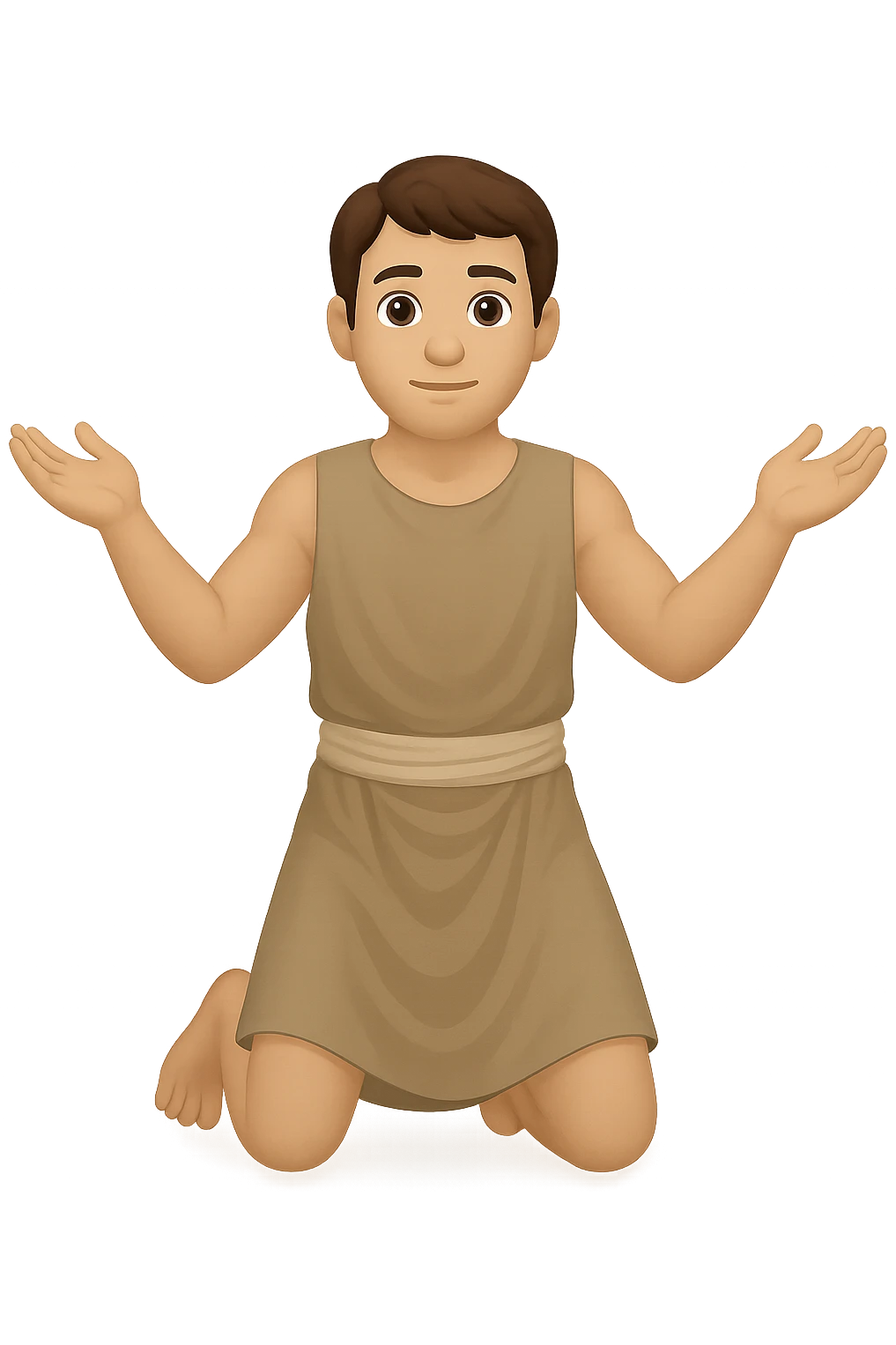 Remake this emoji in apple emoji style with brown hair and no silver handbands, fullbody apostle kneeling pose, new variation 5. Maintain the apple emoji style look and details. emoji