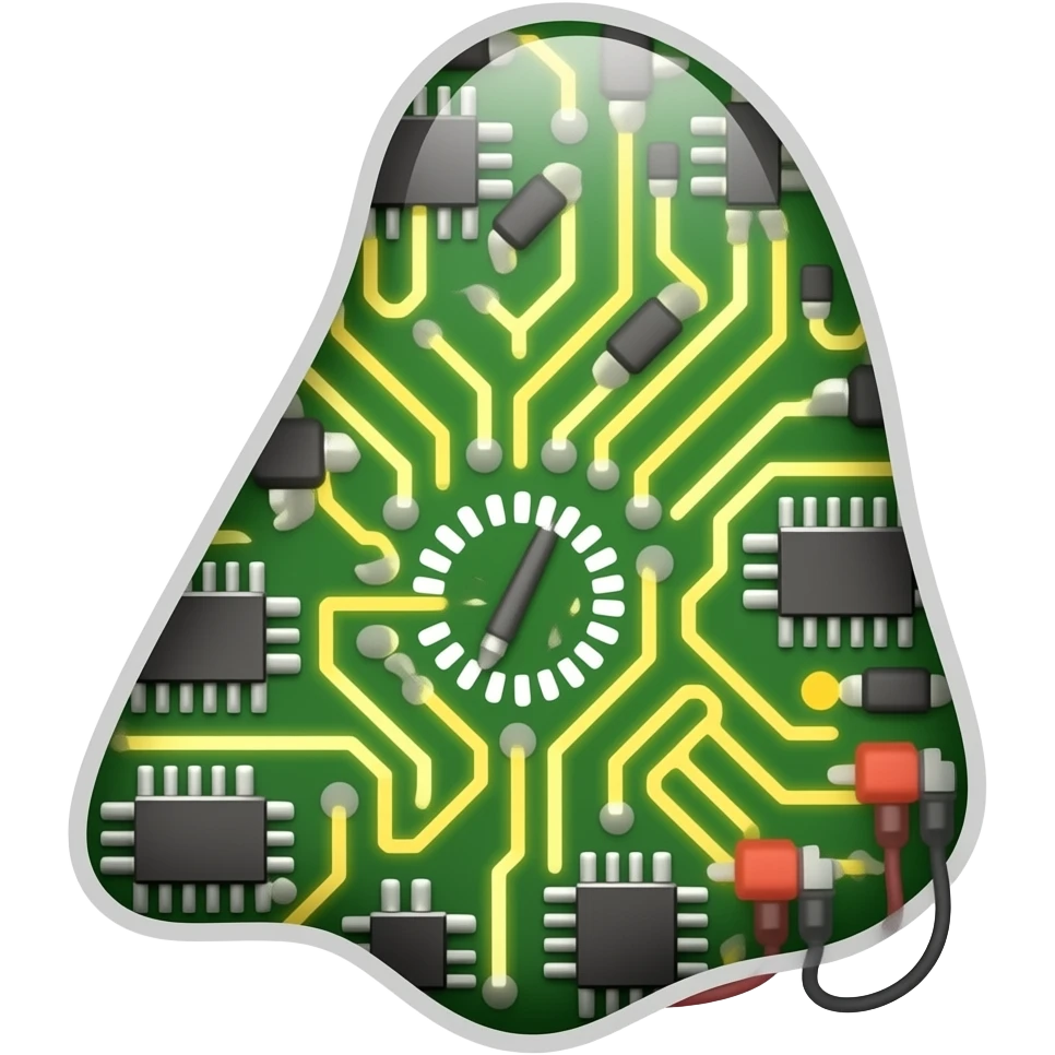 An icon featuring circuit boards, glowing wires, and a multimeter, nose form emoji