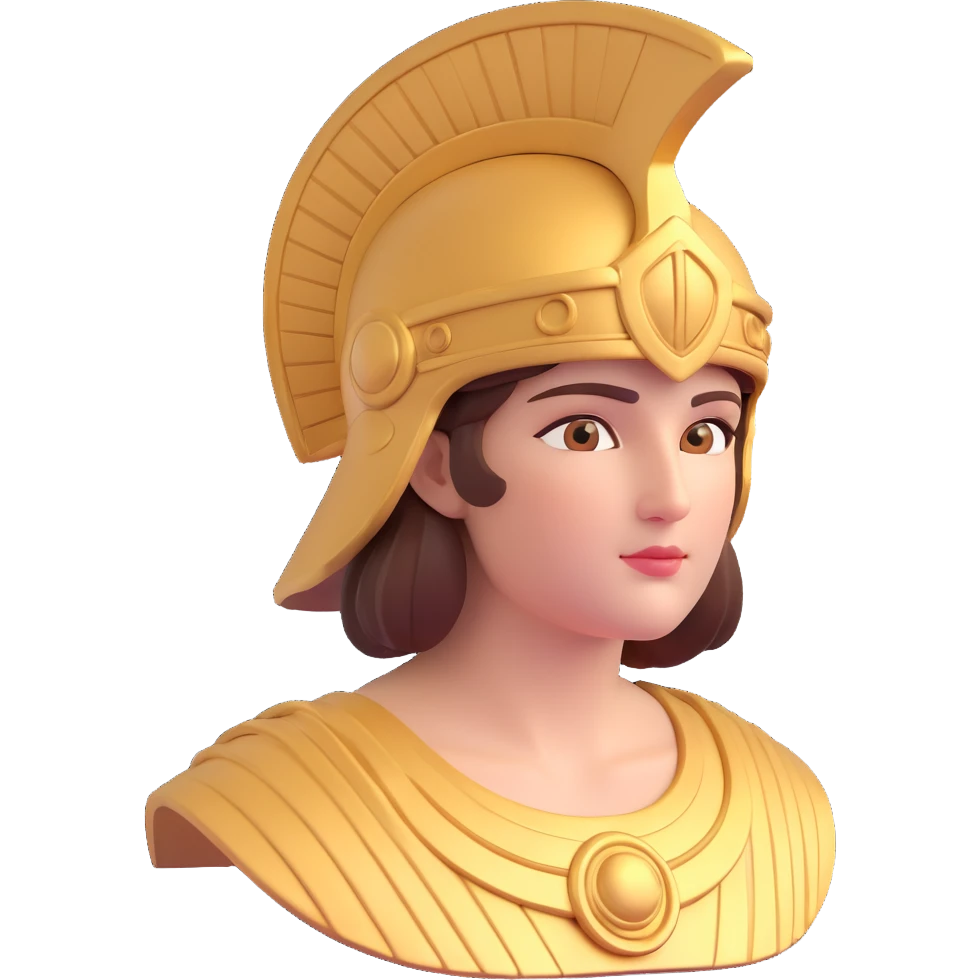 close-up 3D avatar of the goddess Athena, detailed face, classical Greek features, helmet, wise expression emoji