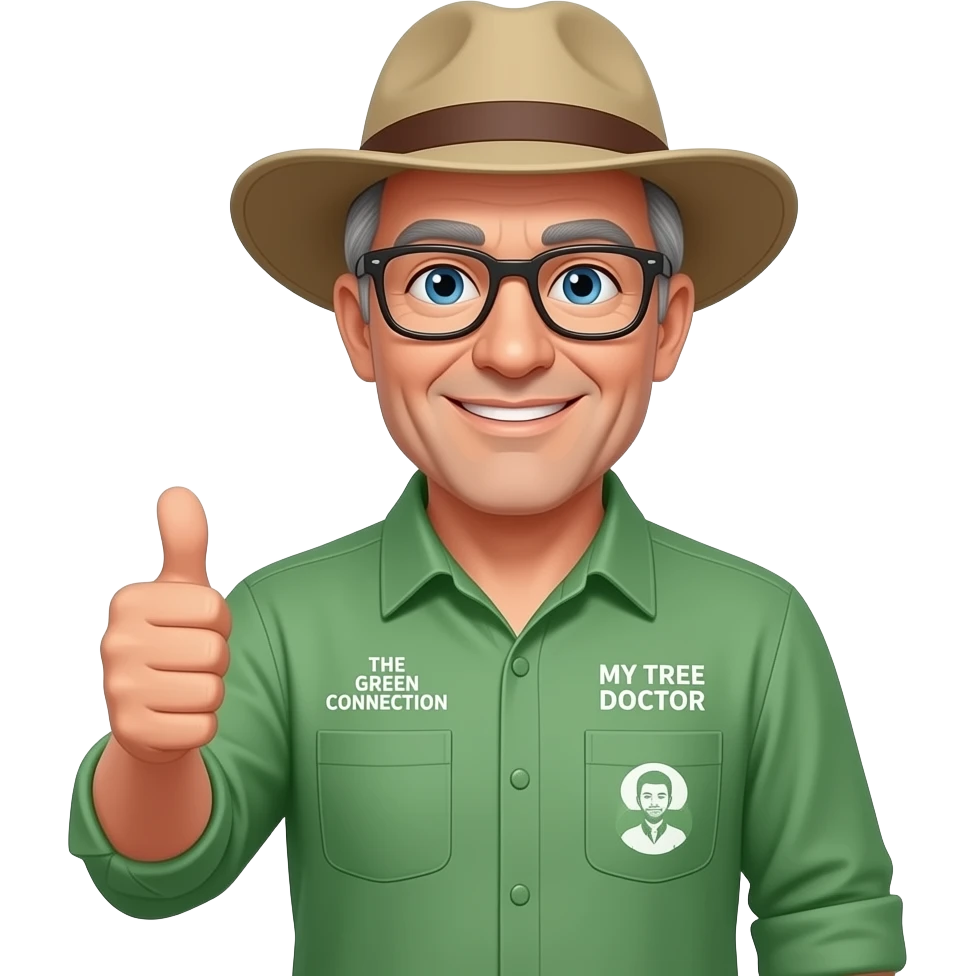 middle-aged, salt & pepper coloured hair man. Blue eyes, dark-rimmed, rectangle glasses, in a green-collared, long-sleeve shirt with two top pockets & a wide-brim hat. Giving a thumbs up. On left pocket 'THE GREEN CONNECTION' in white. On right shirt pocket, written 'MY TREE DOCTOR' emoji