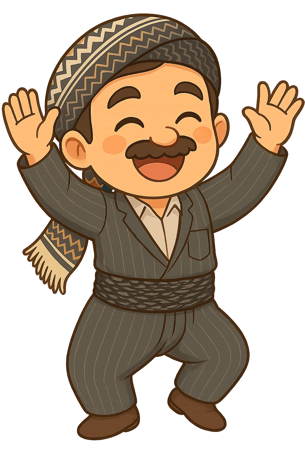 Cartoon sticker of a Kurdish man in the same traditional Kurdish clothes and shawl as the reference image, dancing Kurdish dance with hands raised and traditional dance pose, colorful and joyful, no text, suitable for WhatsApp and Instagram, transparent background. emoji