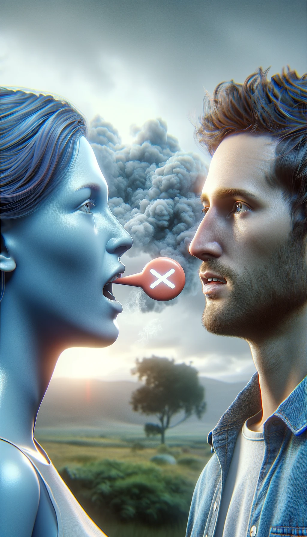 una persona parla ma sopra di lui c'è il simbolo "muto", un altra persona lo ascolta, immagine iperrealistica 4k emoji