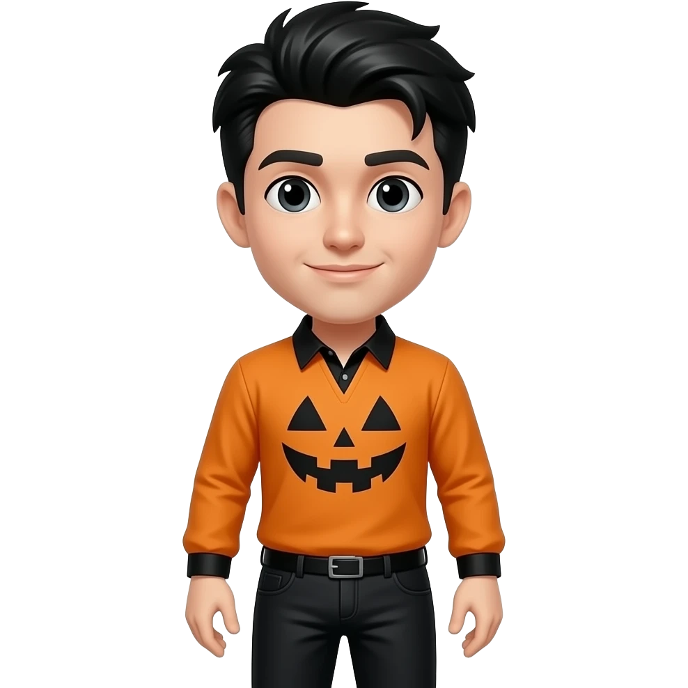 una persona con camisea de hallowen i los pantalones negros i que el pelo sea de color negro i que se le vea la cara emoji